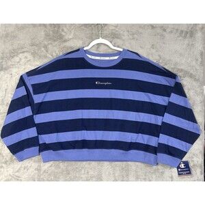 NWT Champion Cropped Sweatshirt Womens XL Blue/Navy Striped Athletic Pullover